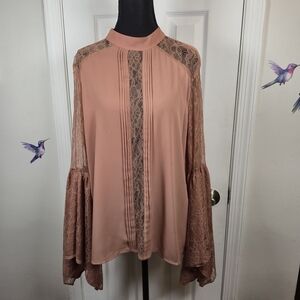 Express Rose Lace Inset Pleated Bell Sleeve Mock Neck Blouse